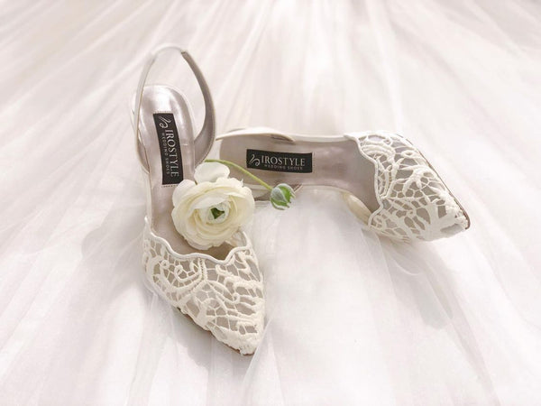 Wavy Slingback後跟綁帶蕾絲高跟鞋・RS200827 (Ivory)